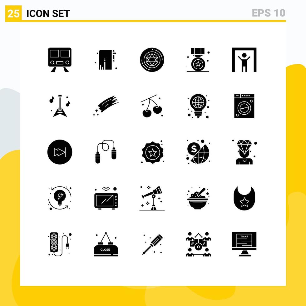 Pack of 25 creative Solid Glyphs of human scanner win circle prize award Editable Vector Design Elements