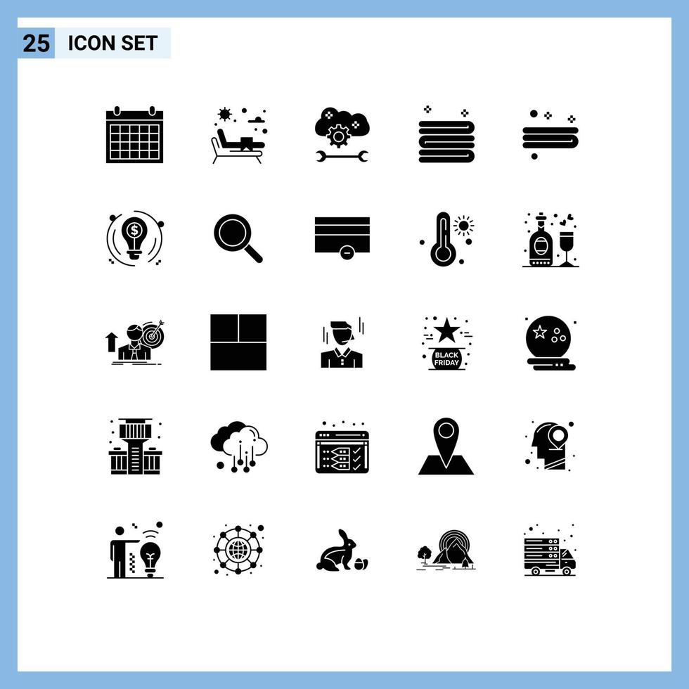 Group of 25 Solid Glyphs Signs and Symbols for business towel cloud application service cleaning cloud sync settings Editable Vector Design Elements