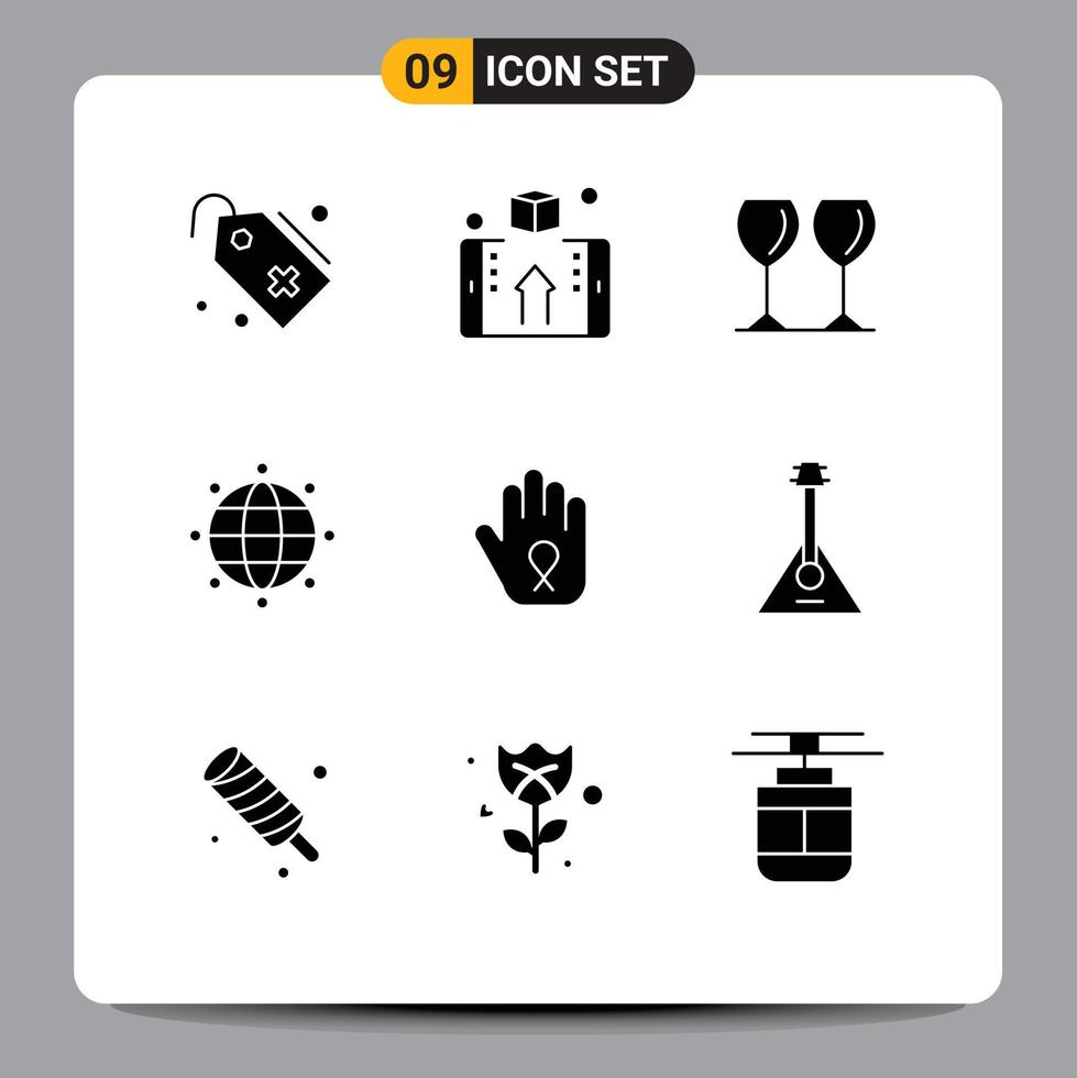 Universal Icon Symbols Group of 9 Modern Solid Glyphs of hand world shop globe hotel Editable Vector Design Elements