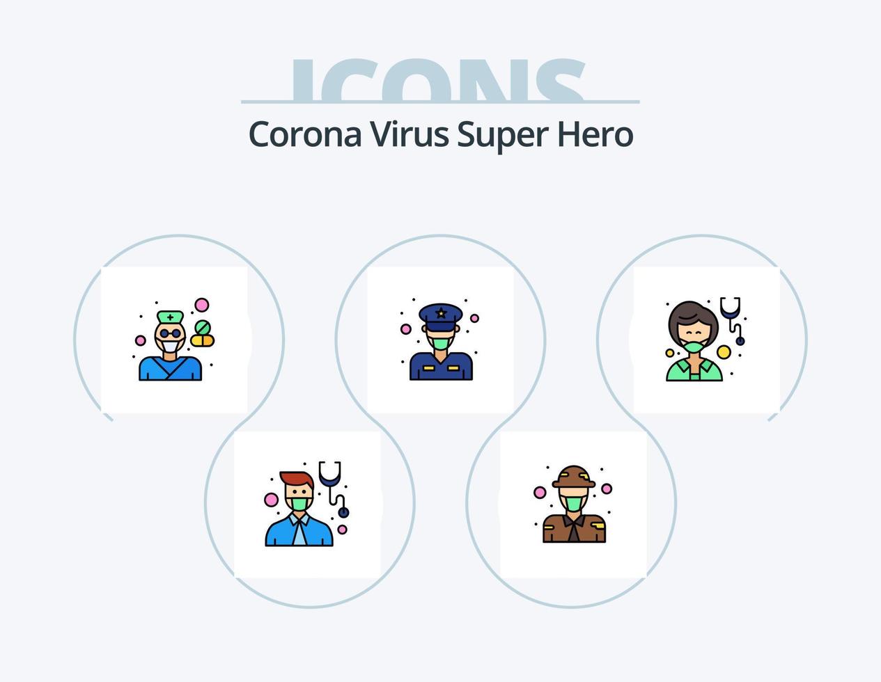 corona virus super héroe línea llena de iconos paquete 5 diseño de iconos. enfermero. dama. mujer. chica. oficial vector