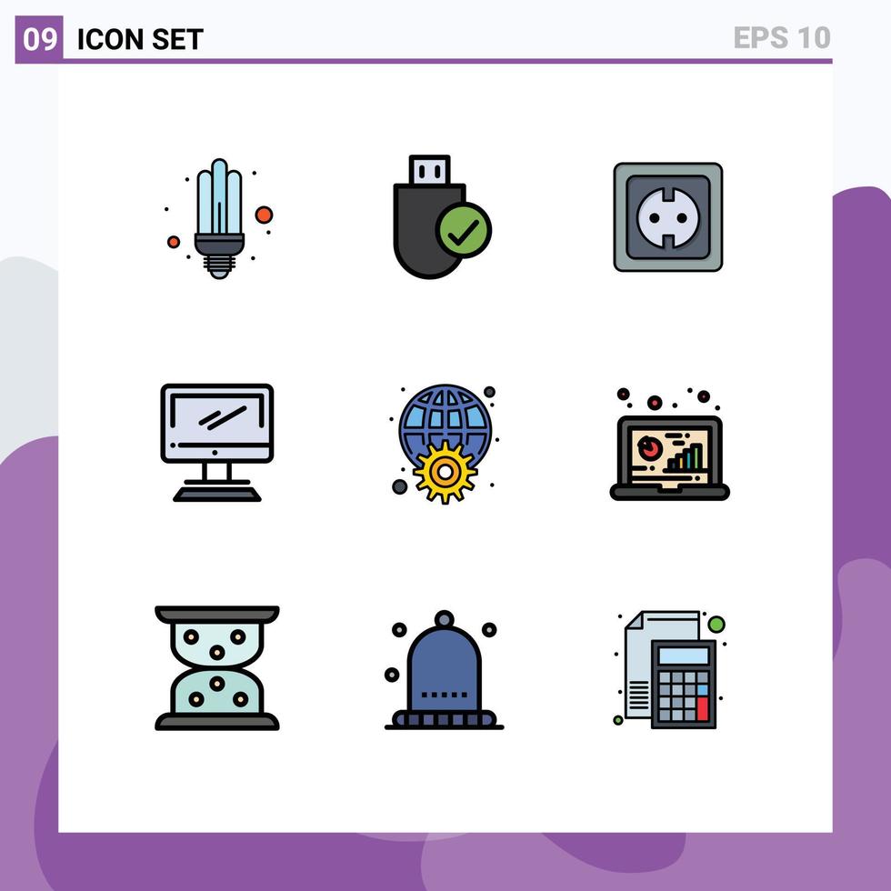 Modern Set of 9 Filledline Flat Colors Pictograph of imac monitor stick computer power supply Editable Vector Design Elements