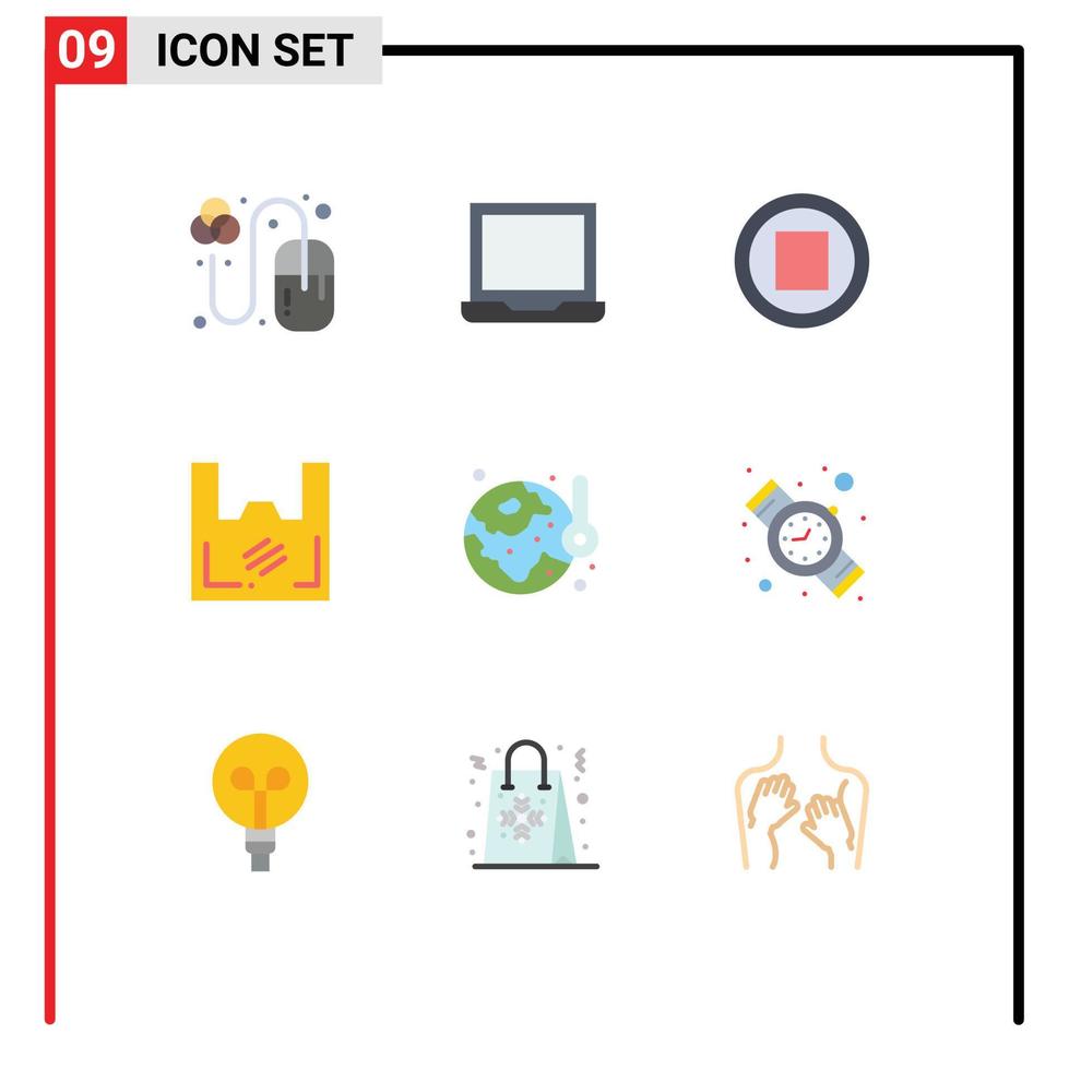 Paquete de 9 colores planos de interfaz de usuario de signos y símbolos modernos de energía día de la tierra música supermercado plástico elementos de diseño vectorial editables vector