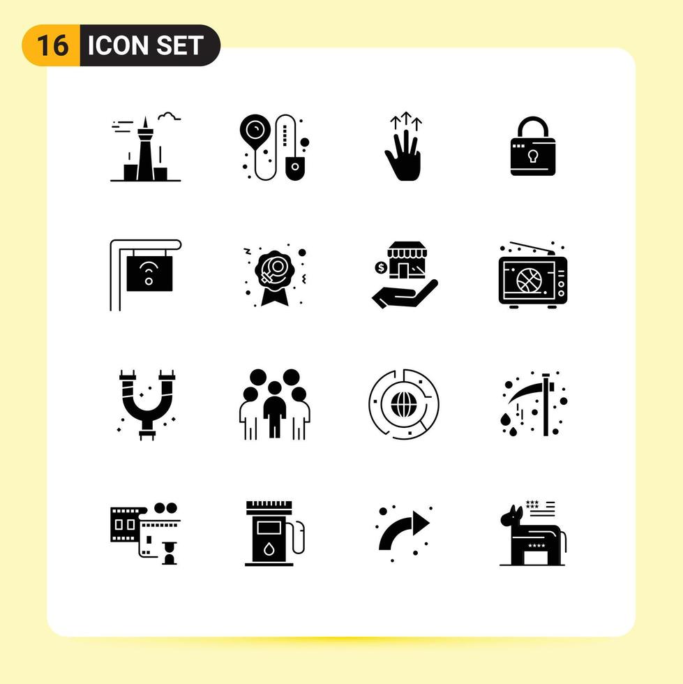 Set of 16 Vector Solid Glyphs on Grid for cafe loucked gestures computing touch Editable Vector Design Elements