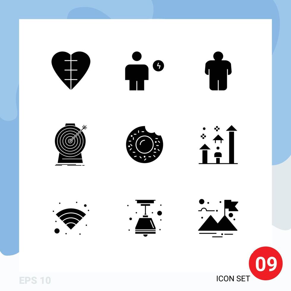 Group of 9 Modern Solid Glyphs Set for donut target human goal aim Editable Vector Design Elements