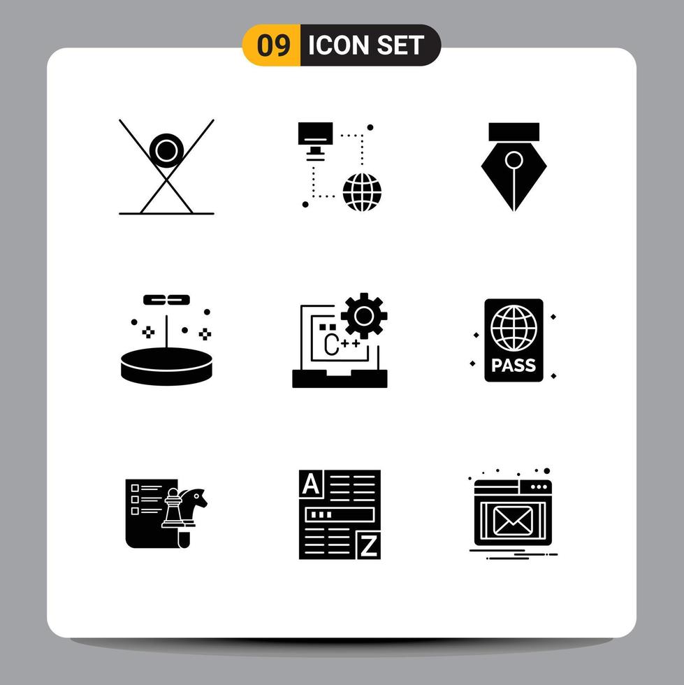 Set of 9 Vector Solid Glyphs on Grid for code science monitor laboratory biology Editable Vector Design Elements