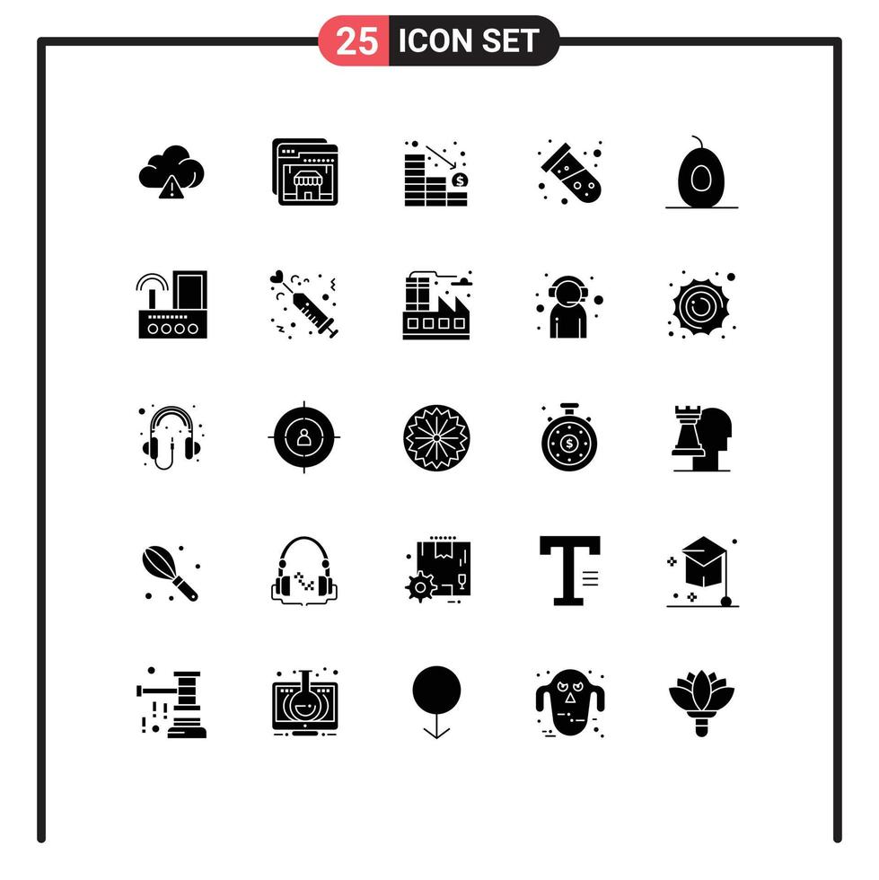 Group of 25 Solid Glyphs Signs and Symbols for fruits avocado decrease atom test Editable Vector Design Elements