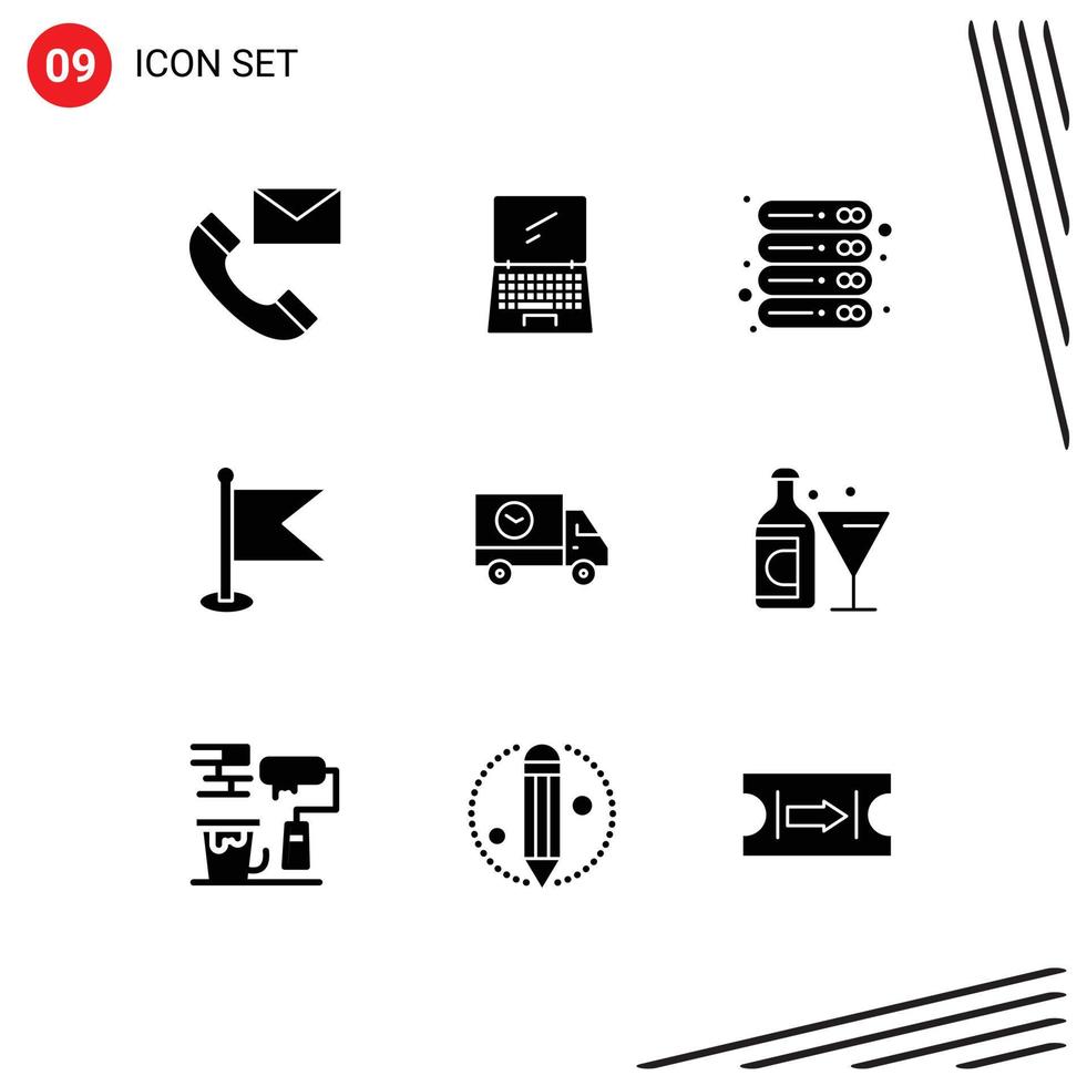 conjunto moderno de 9 glifos y símbolos sólidos, como la bandera del mapa, la oficina de almacenamiento imac, los elementos de diseño vectorial editables vector
