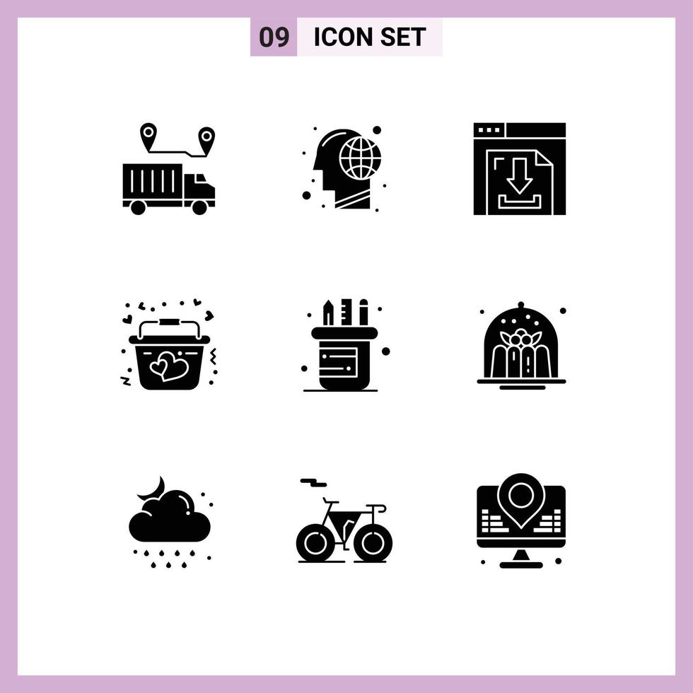 9 Thematic Vector Solid Glyphs and Editable Symbols of romantic heart human basket internet Editable Vector Design Elements