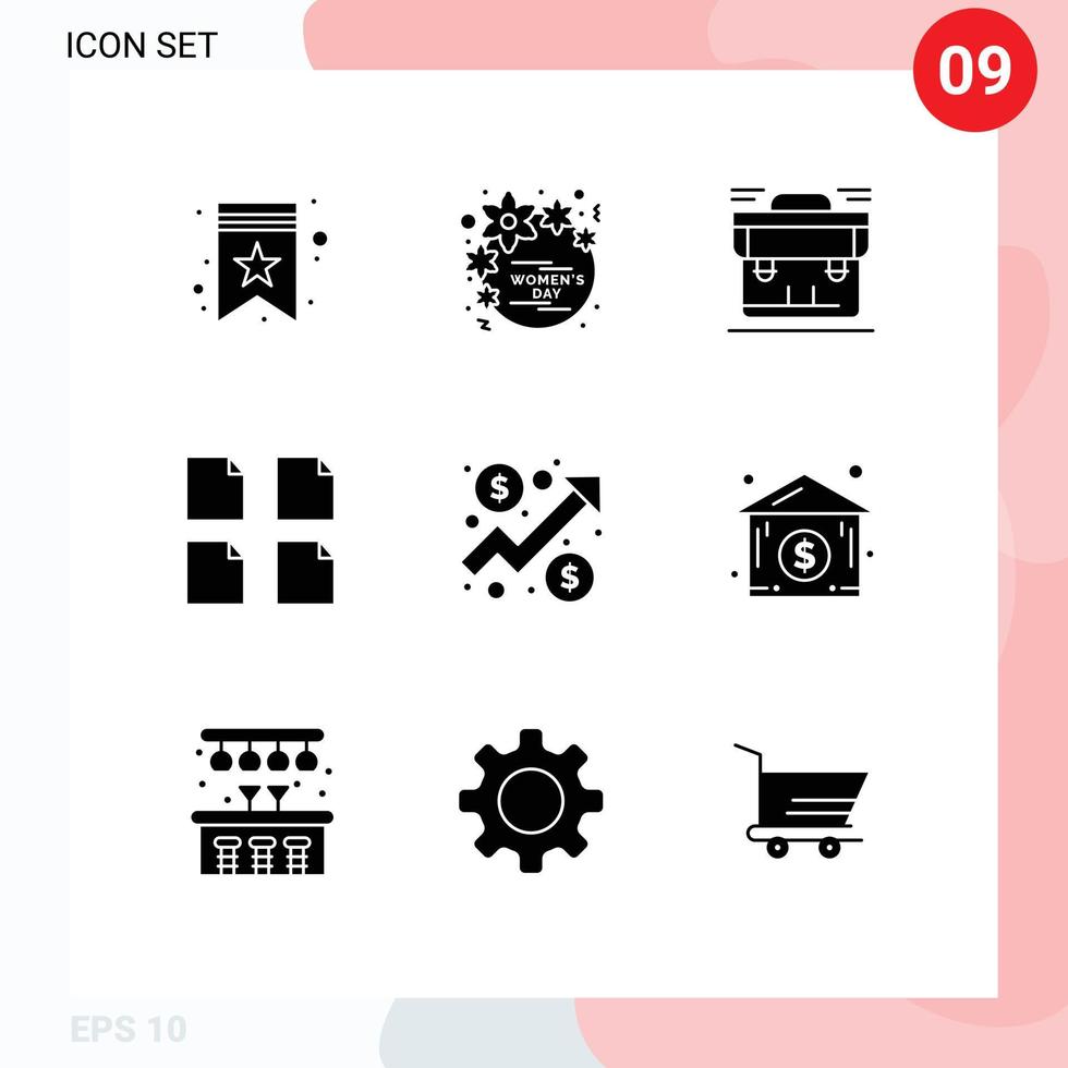Universal Icon Symbols Group of 9 Modern Solid Glyphs of analysis files women documents briefcase Editable Vector Design Elements