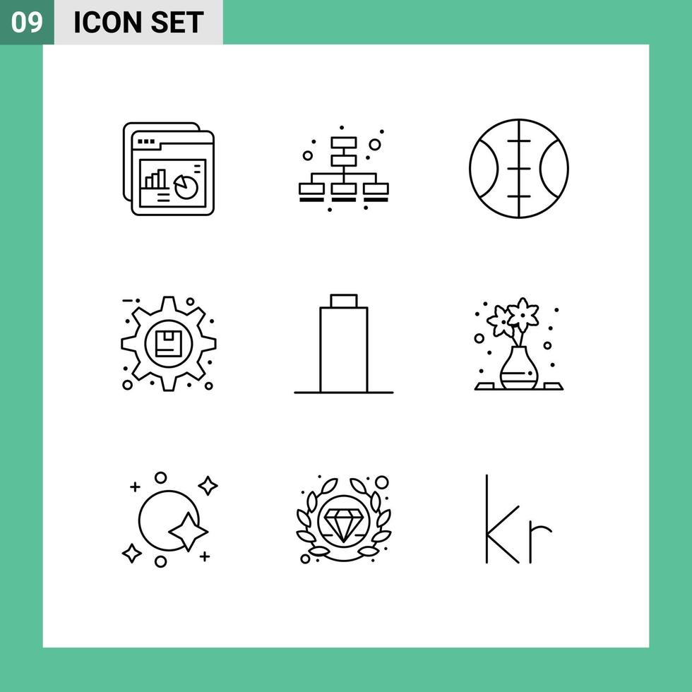 Pictogram Set of 9 Simple Outlines of multimedia battery baseball product options Editable Vector Design Elements