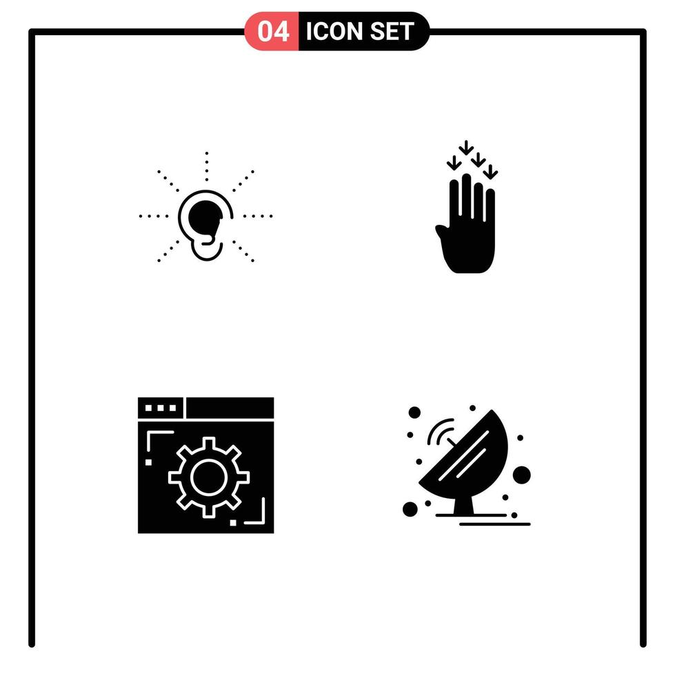 Mobile Interface Solid Glyph Set of 4 Pictograms of awareness browser hearing four setting Editable Vector Design Elements