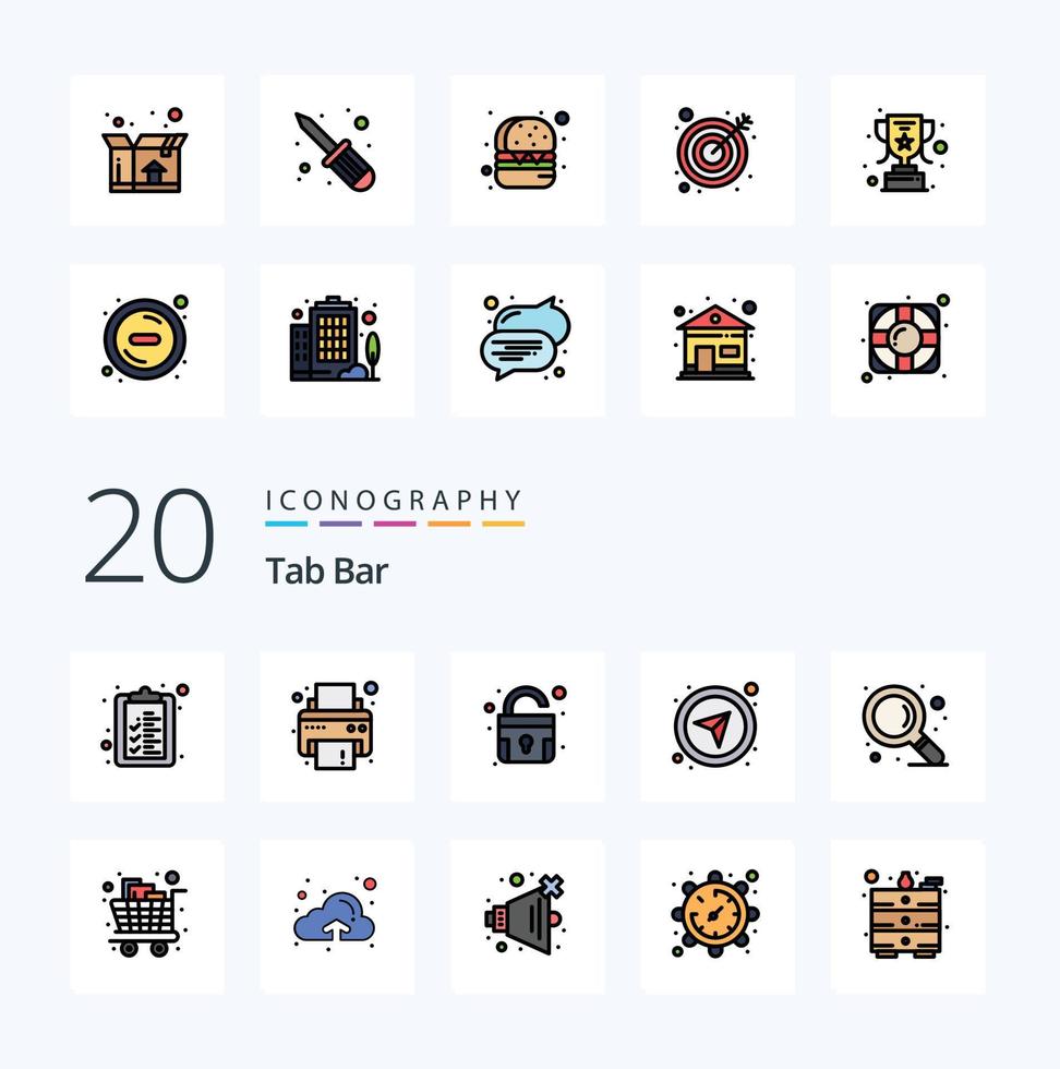 Paquete de iconos de color lleno de línea de barra de 20 pestañas como zoom completo desbloquear búsqueda de navegación vector