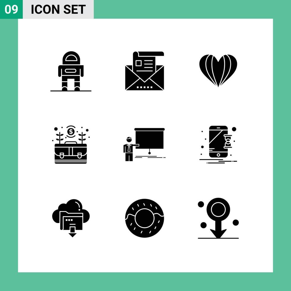 Set of 9 Commercial Solid Glyphs pack for grow case letter business like Editable Vector Design Elements