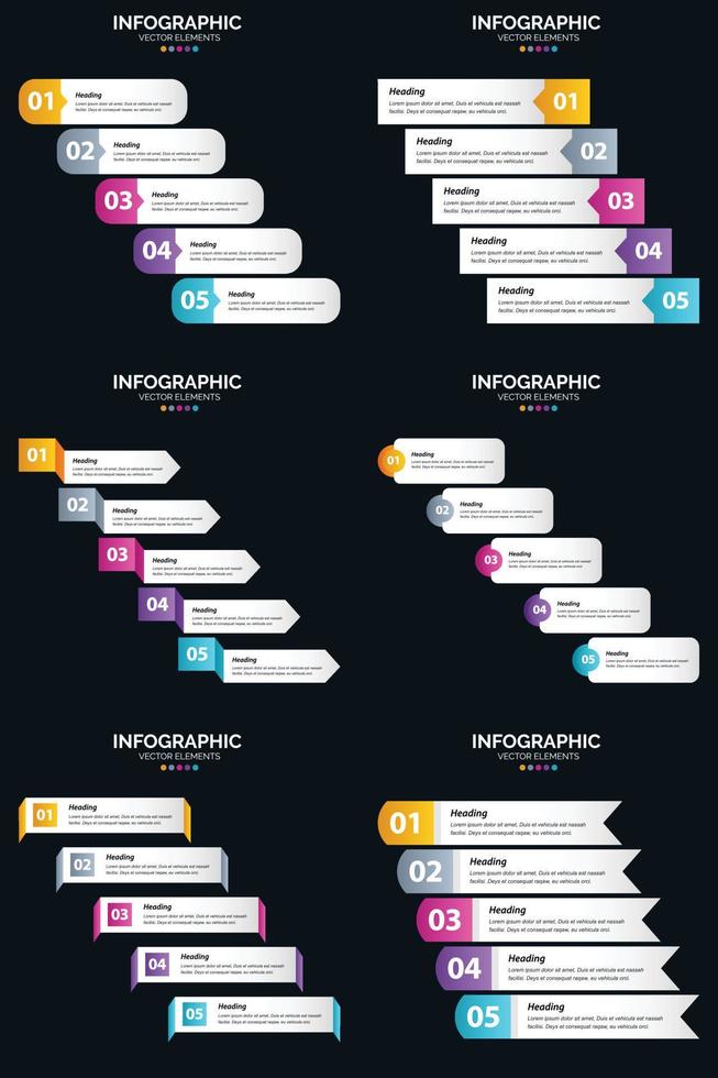 Vector 6 Infographics Pack Presentation slide template 5 Steps cycle diagrams and timelines