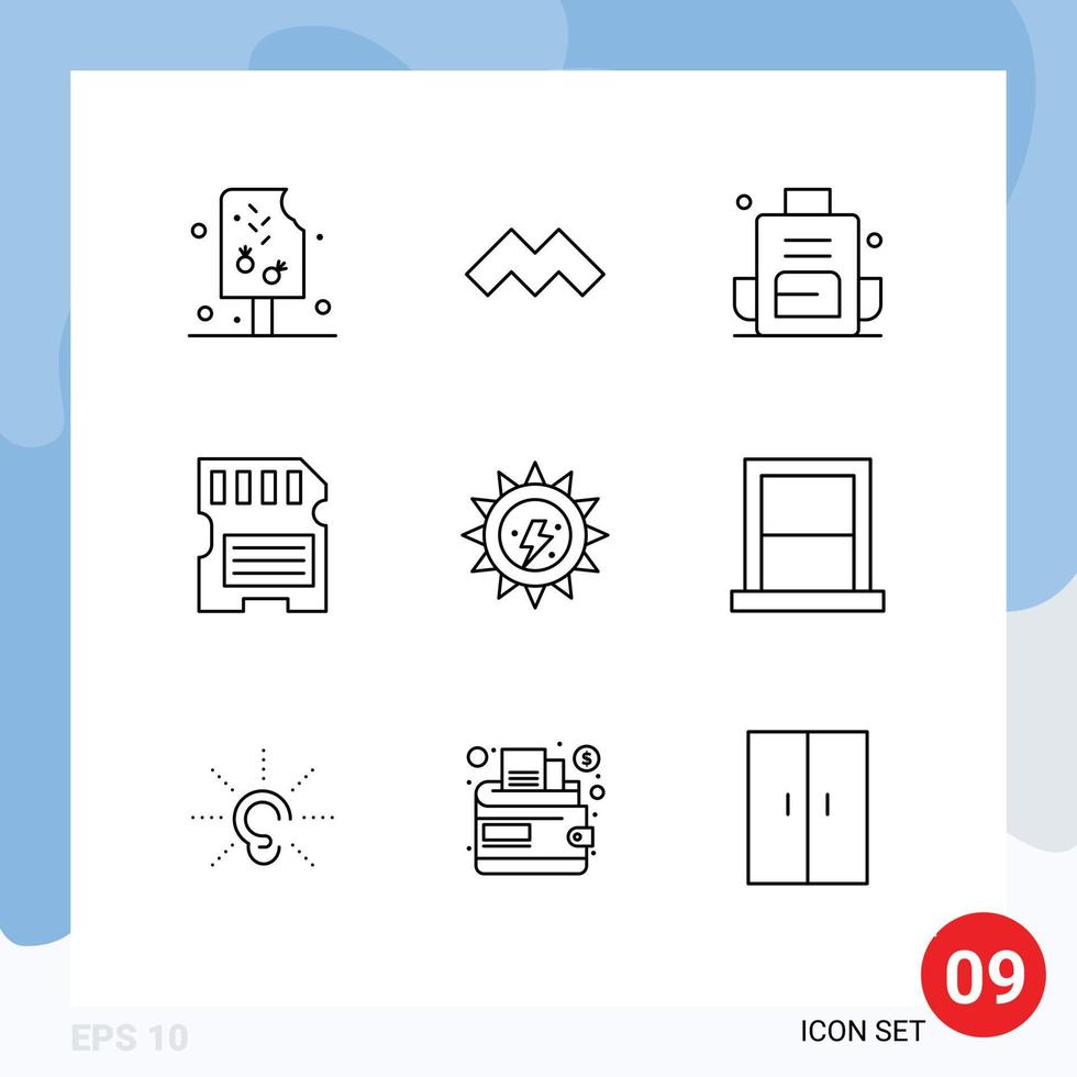 9 User Interface Outline Pack of modern Signs and Symbols of ecology sd backpacking memory card Editable Vector Design Elements