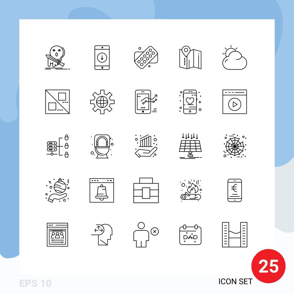 Line Pack of 25 Universal Symbols of cloud pin down map medicine Editable Vector Design Elements