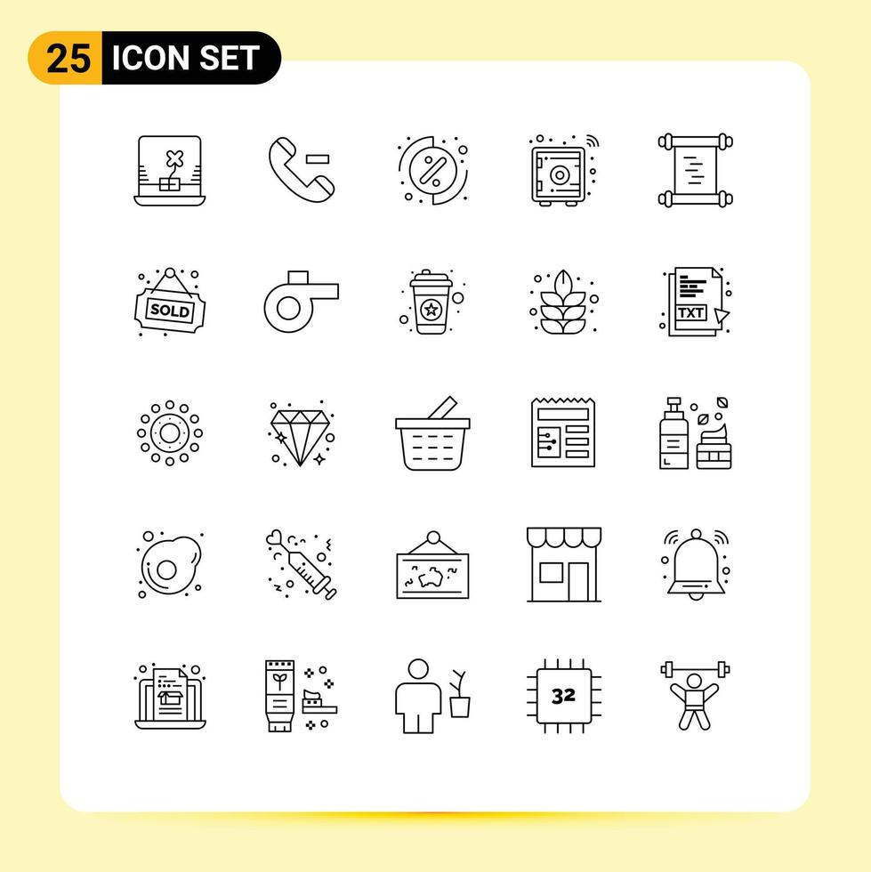 25 Creative Icons Modern Signs and Symbols of house manuscript percentage log safe box Editable Vector Design Elements