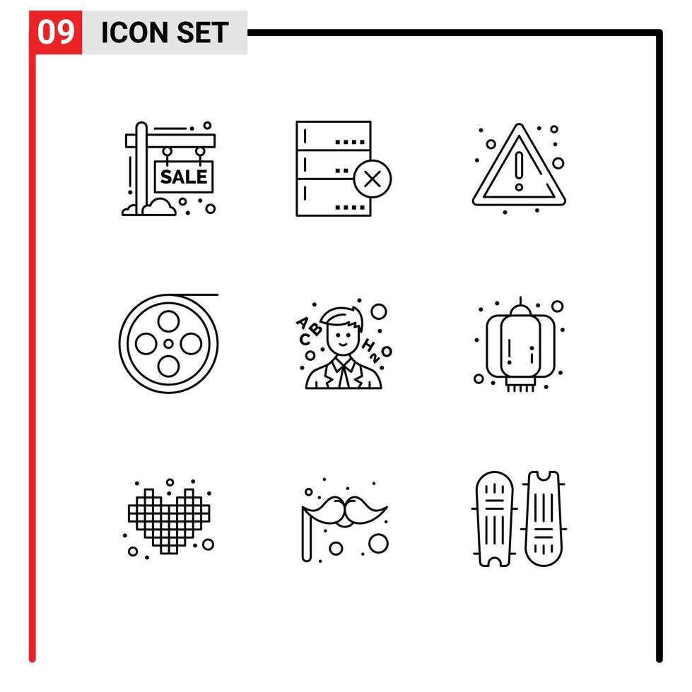 Mobile Interface Outline Set of 9 Pictograms of school video alert roll camera Editable Vector Design Elements