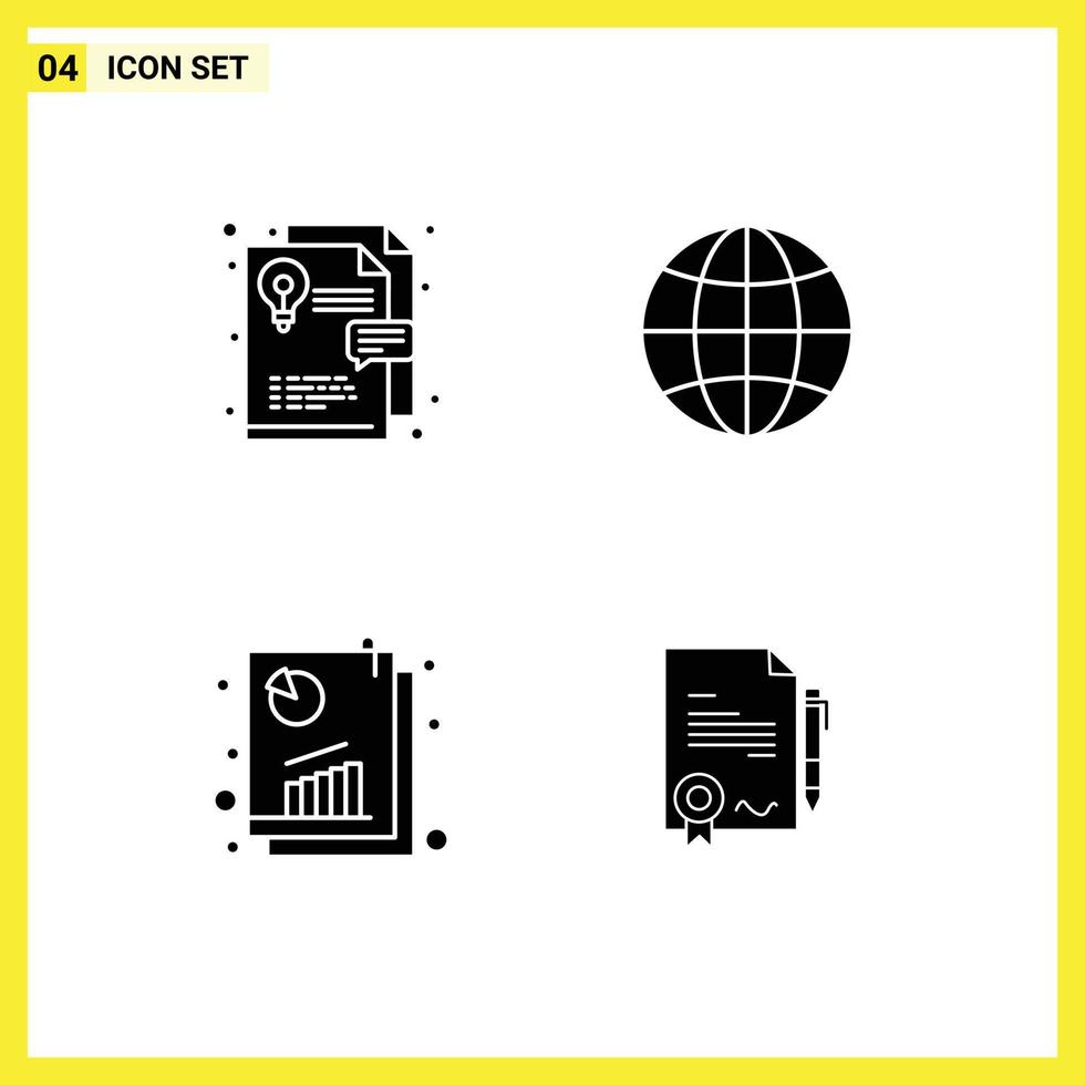 Set of 4 Commercial Solid Glyphs pack for idea report globe web seo analysis Editable Vector Design Elements