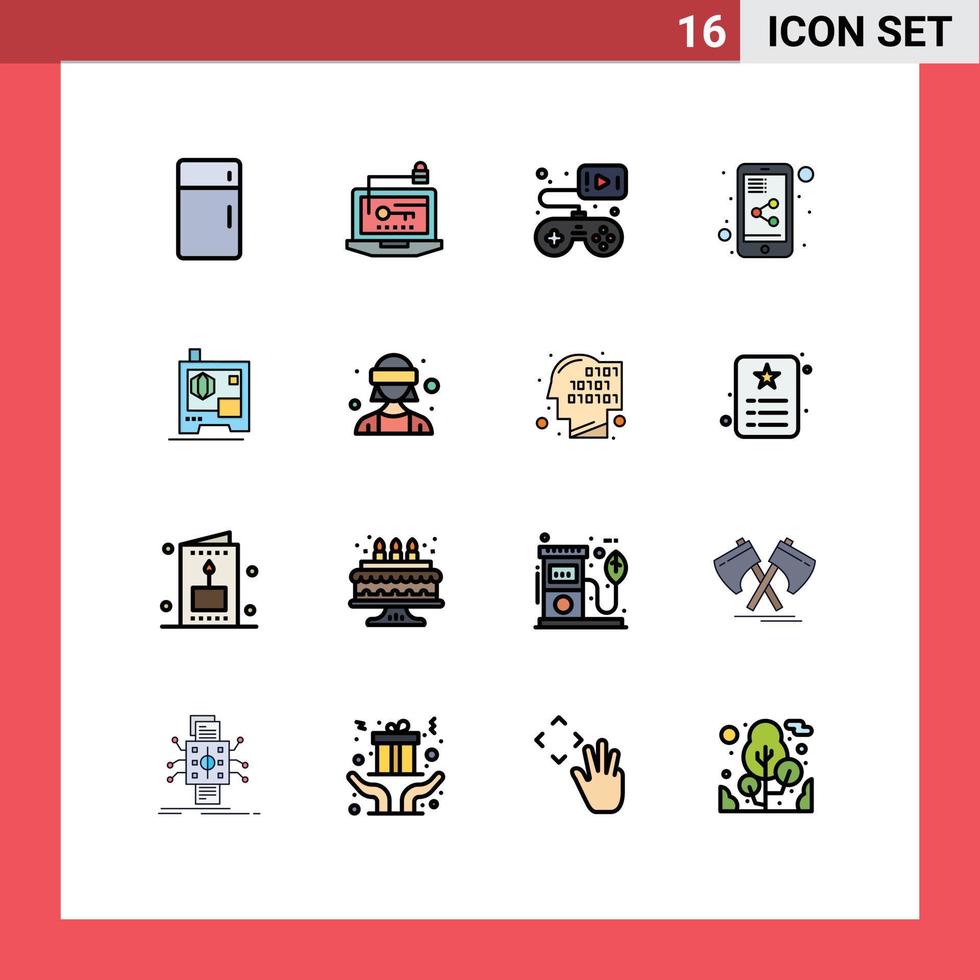 Flat Color Filled Line Pack of 16 Universal Symbols of printer share document key share gamepad Editable Creative Vector Design Elements
