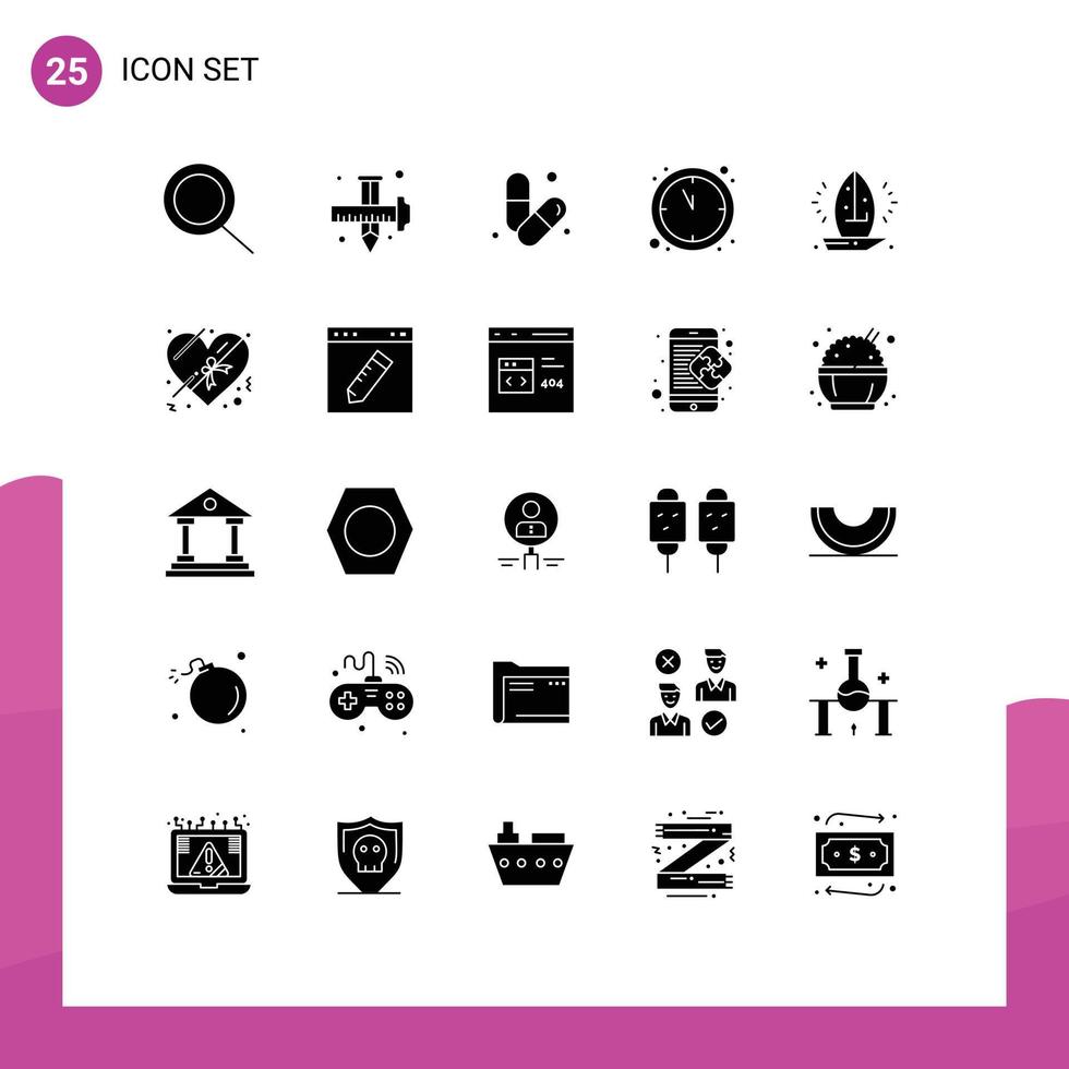 Pack of 25 creative Solid Glyphs of sail boat gym new year clock Editable Vector Design Elements