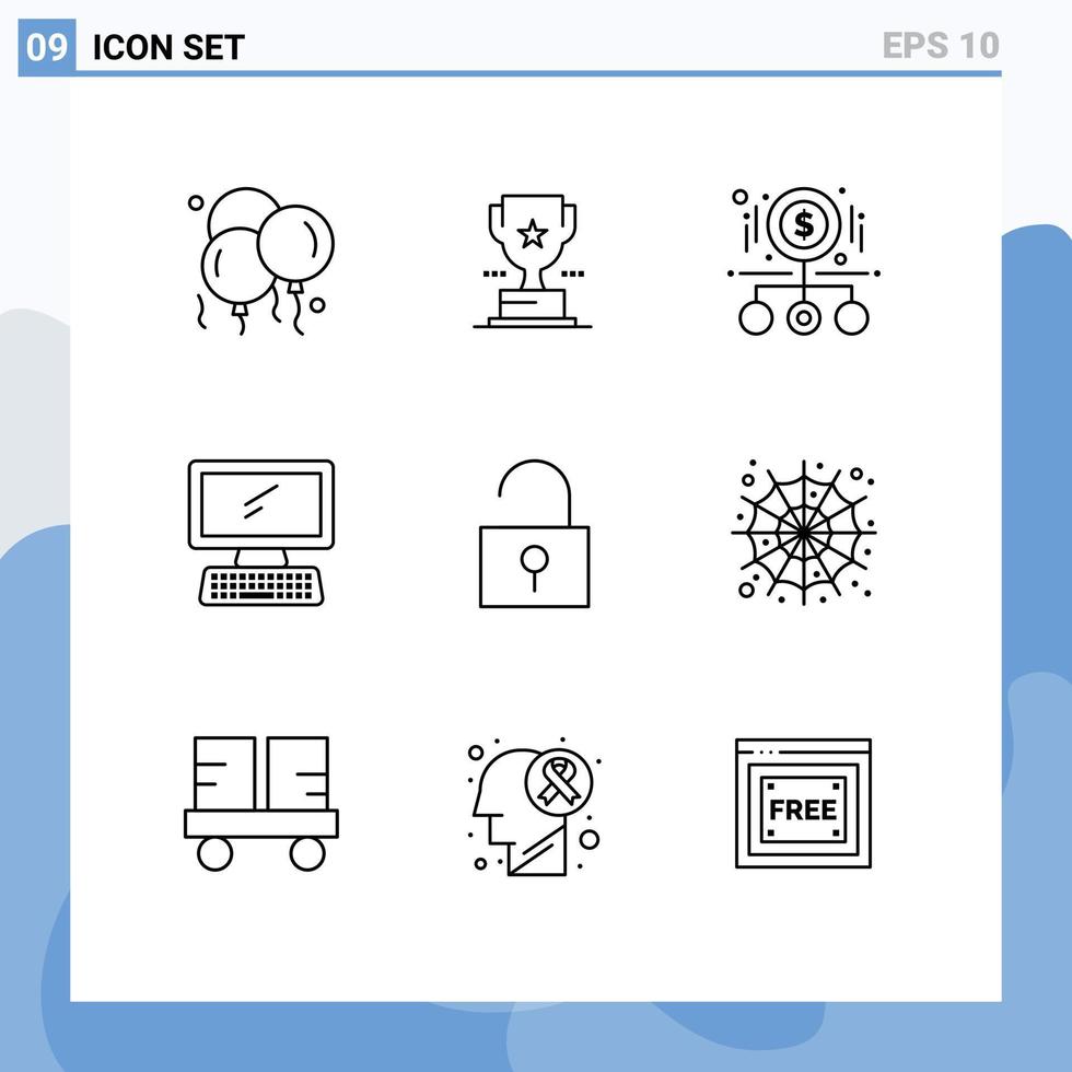 Pictogram Set of 9 Simple Outlines of pc device cash monitor product Editable Vector Design Elements