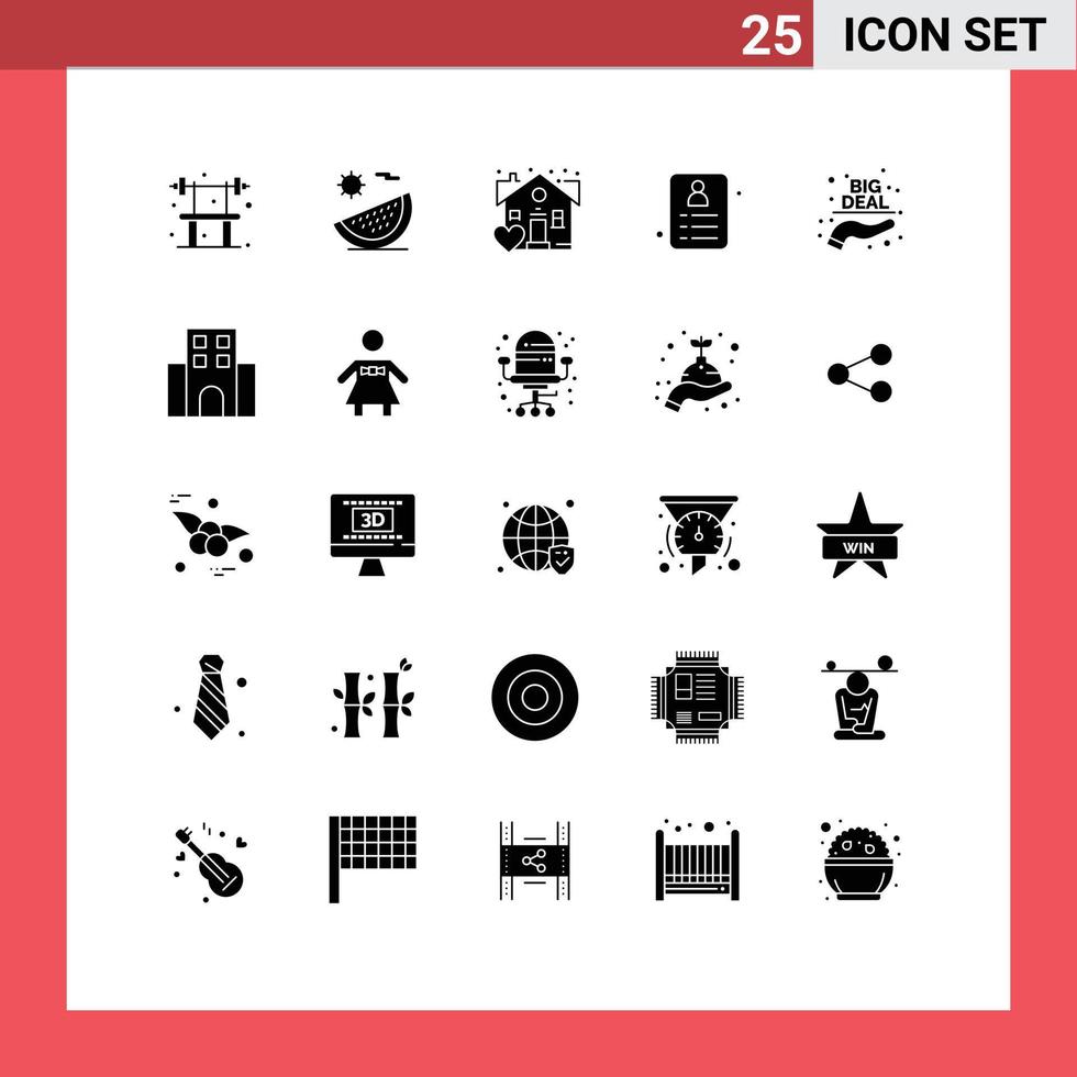 Pictogram Set of 25 Simple Solid Glyphs of hand big deal vacation id shopping Editable Vector Design Elements