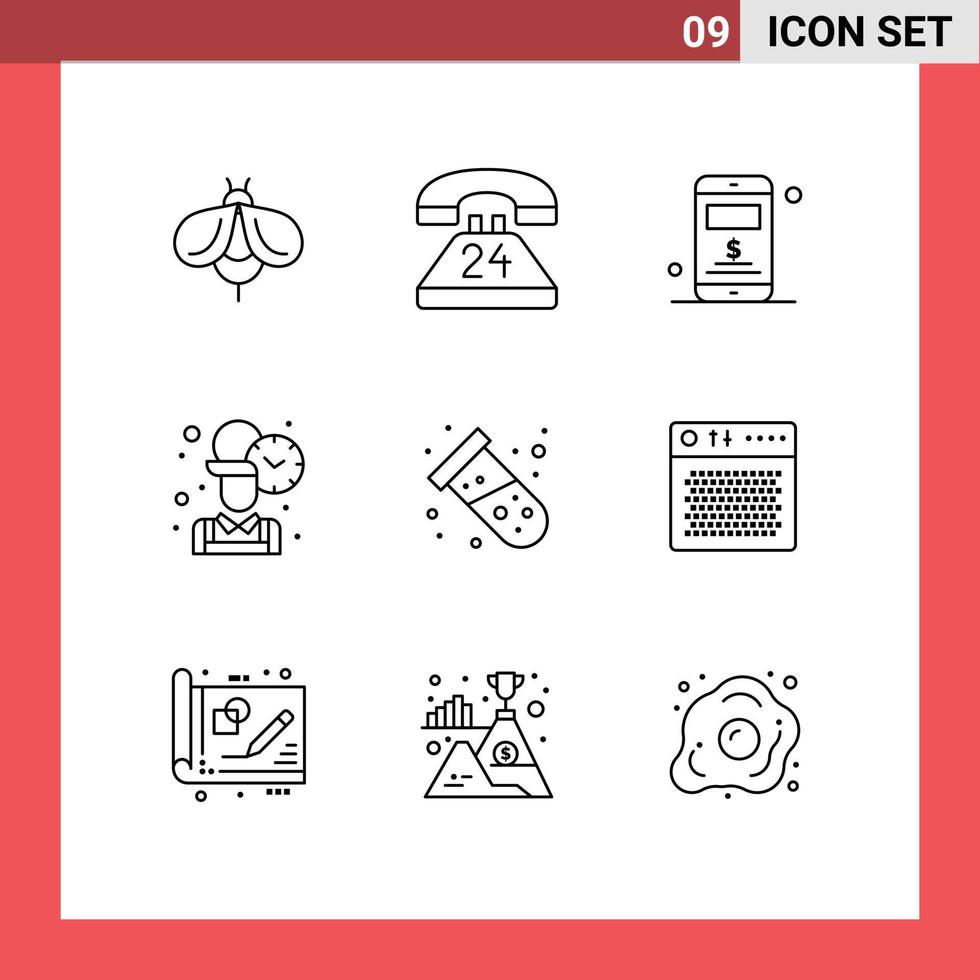 símbolos de iconos universales grupo de 9 esquemas modernos de tiempo de conversación del trabajador de prueba elementos de diseño de vectores editables para empleados