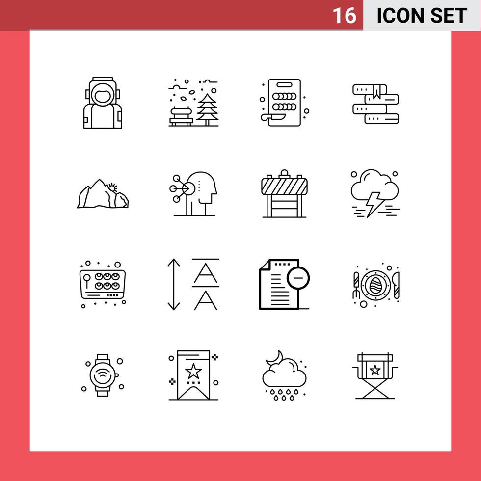 Set of 16 Vector Outlines on Grid for hill library tree education kitchen Editable Vector Design Elements