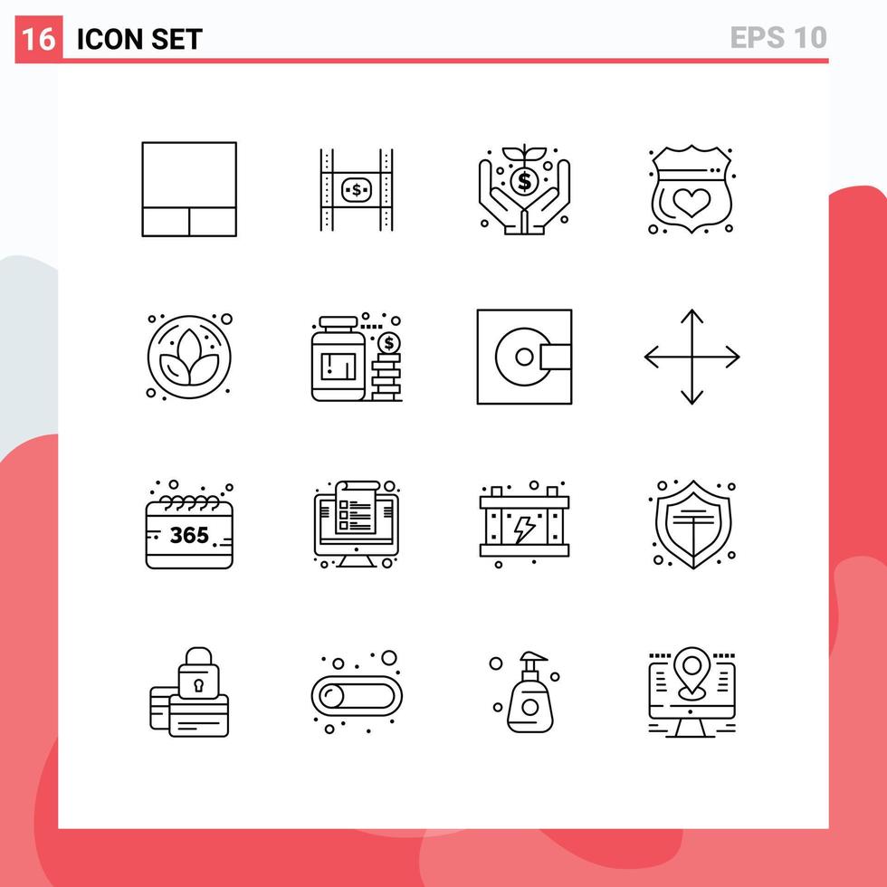 Outline Pack of 16 Universal Symbols of flower shield donation secure medical Editable Vector Design Elements