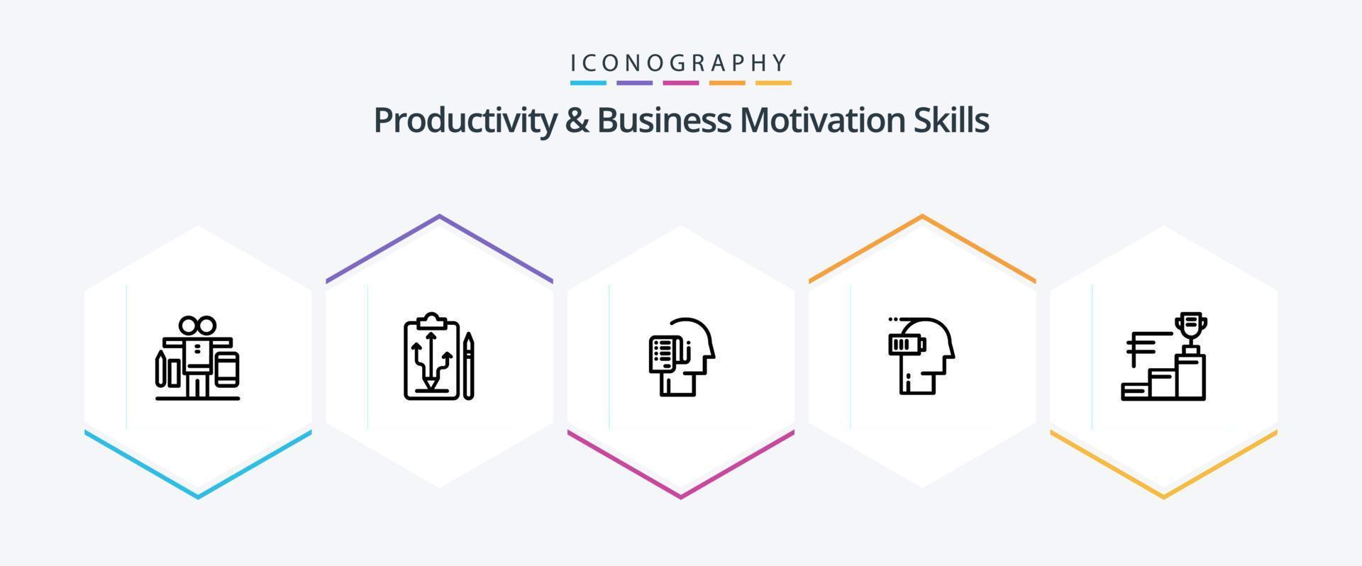 Productivity And Business Motivation Skills 25 Line icon pack including mental. exhaustion. think. battery. schedule vector