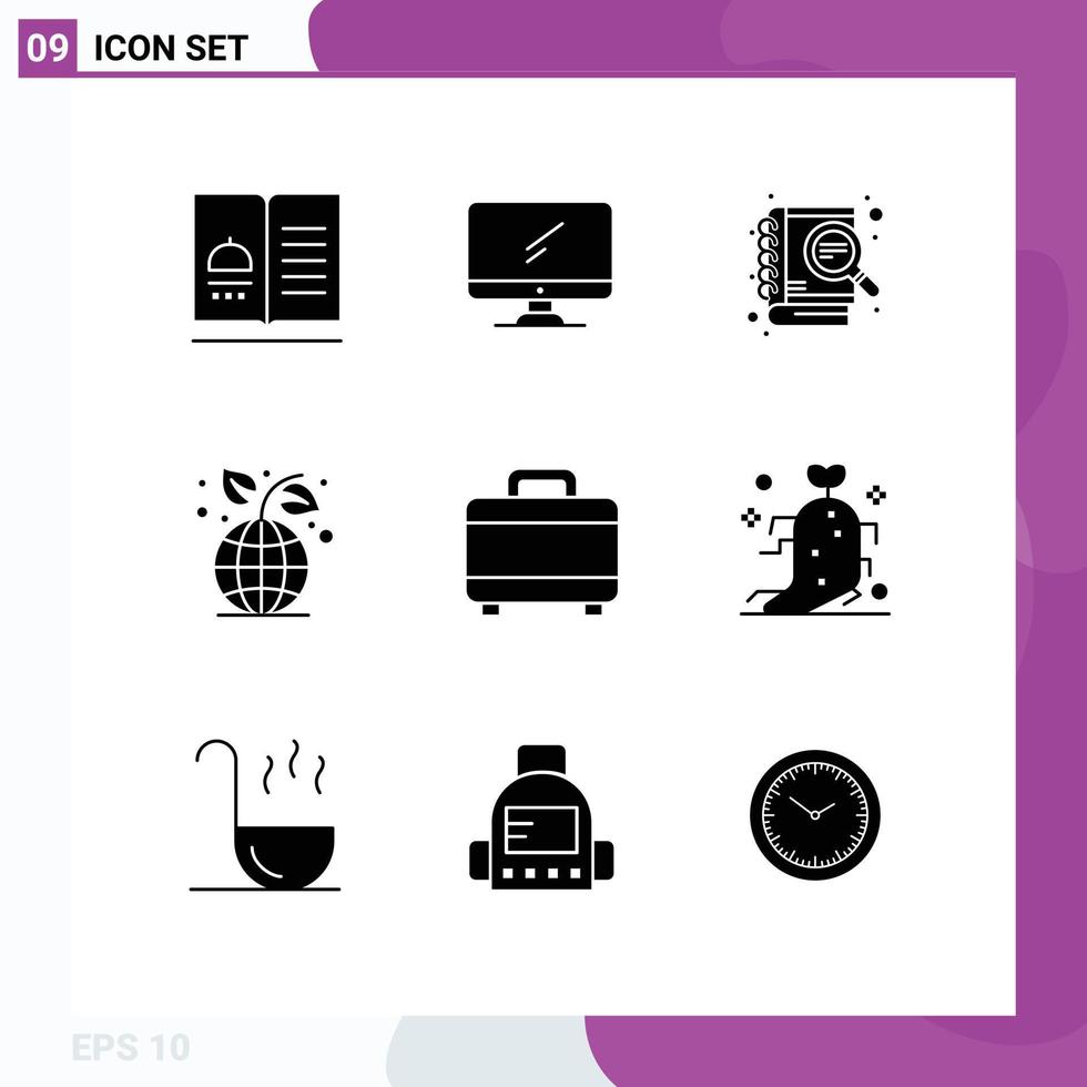 Mobile Interface Solid Glyph Set of 9 Pictograms of plant ecology imac earth day search Editable Vector Design Elements