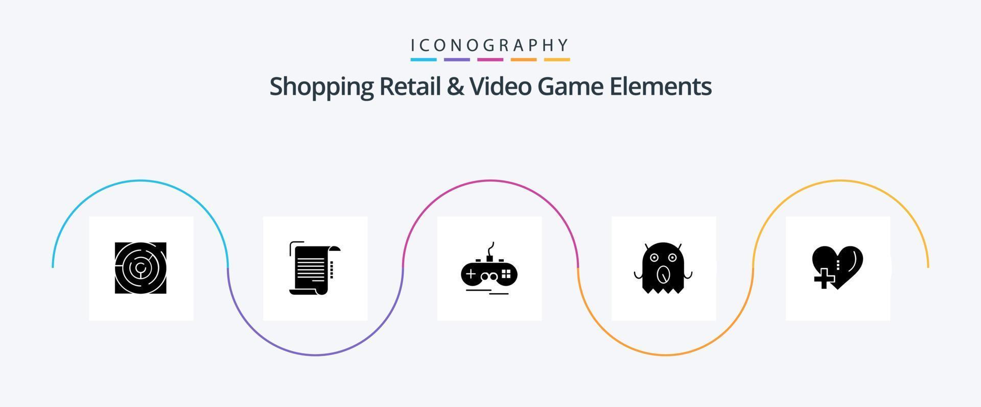 Shoping Retail And Video Game Elements Glyph 5 Icon Pack Including heart. alien. paper. monster. xbox vector