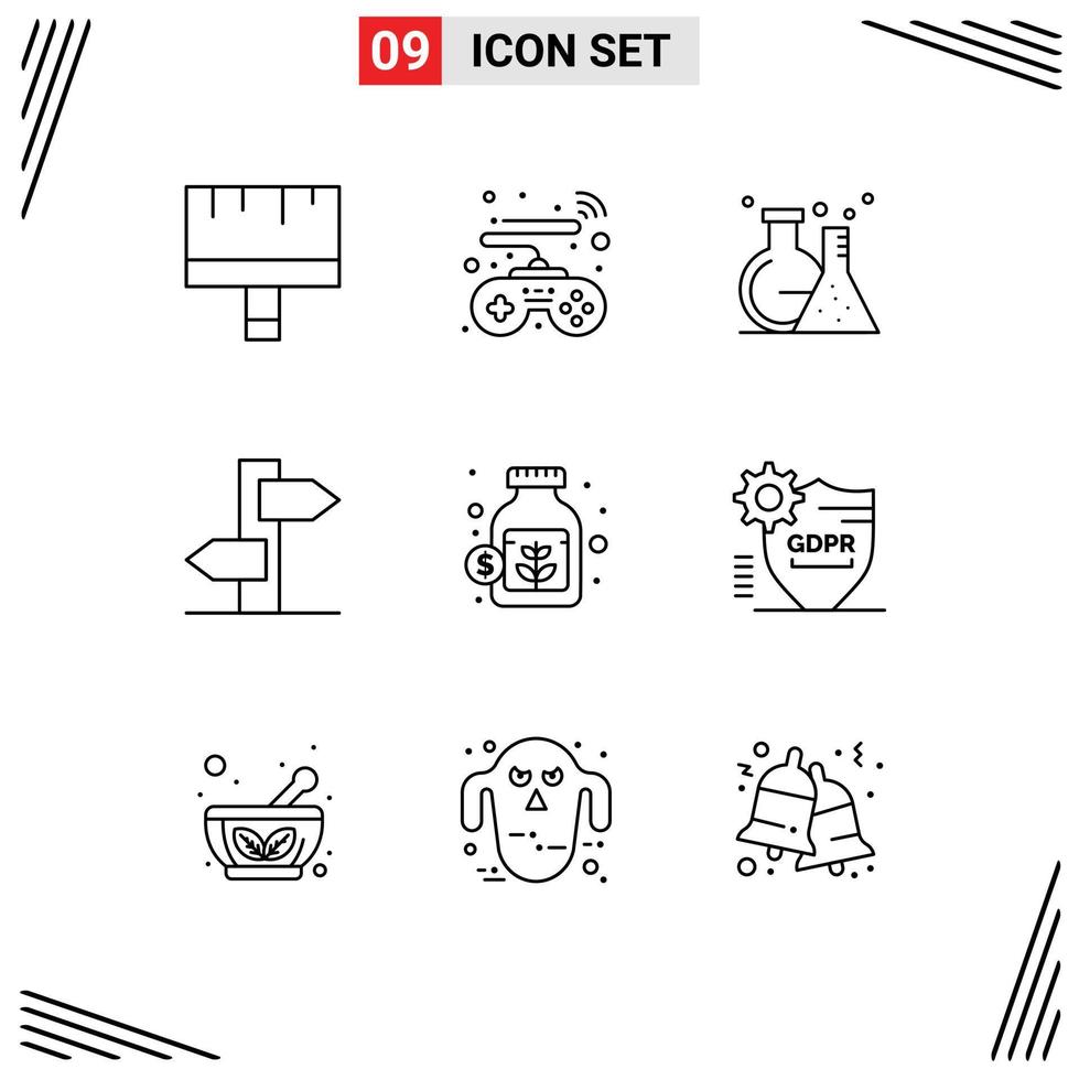 Universal Icon Symbols Group of 9 Modern Outlines of money currency lab signpost holiday Editable Vector Design Elements