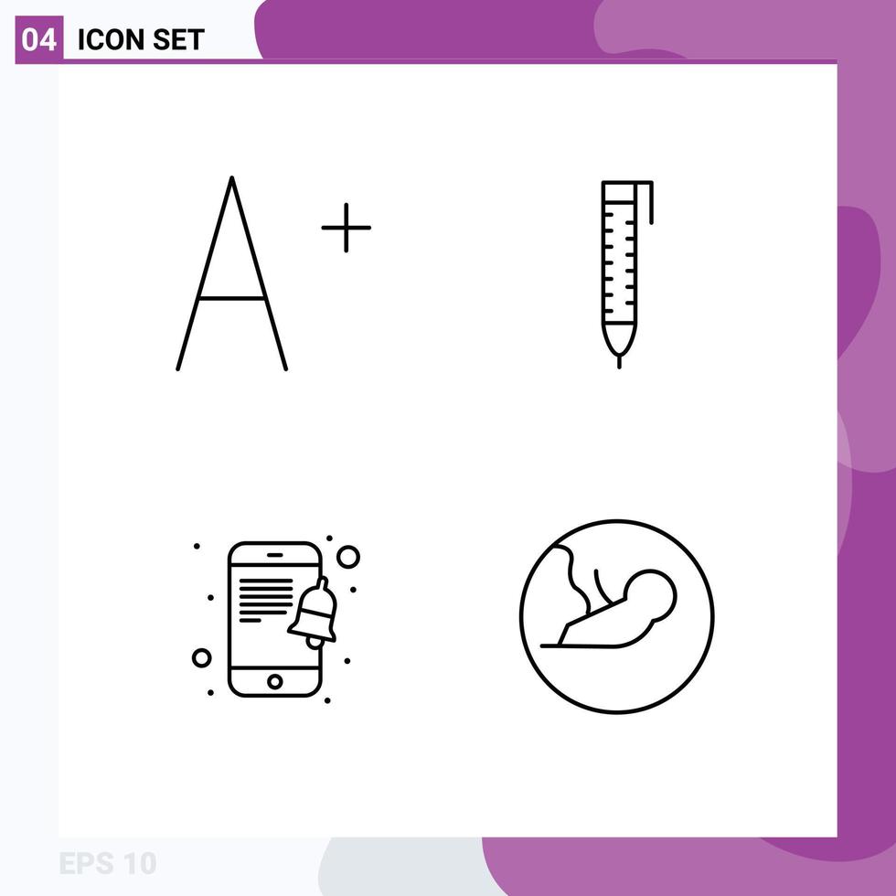 Group of 4 Modern Filledline Flat Colors Set for font biology pencil notification medical Editable Vector Design Elements