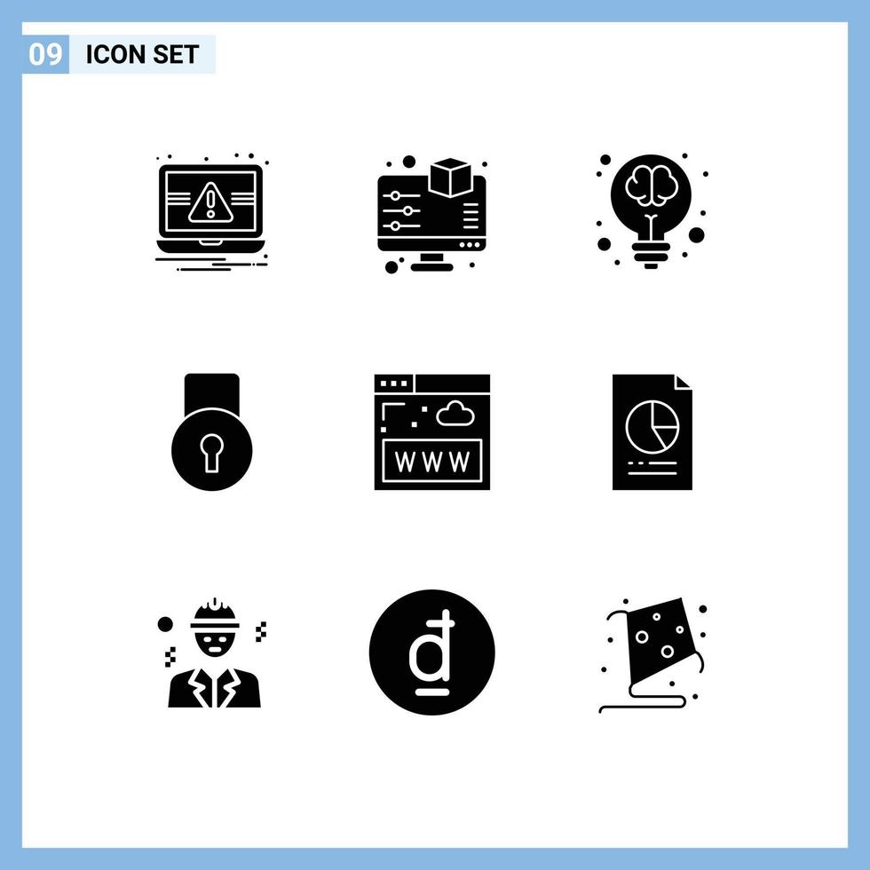 Mobile Interface Solid Glyph Set of 9 Pictograms of communications protect bulb lock pad science Editable Vector Design Elements
