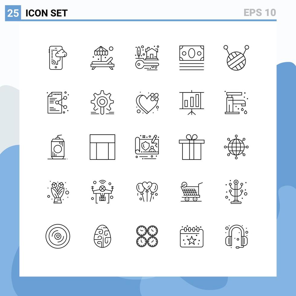conjunto de 25 iconos de interfaz de usuario modernos signos de símbolos para archivo bola de lana llaves compras dinero elementos de diseño vectorial editables vector