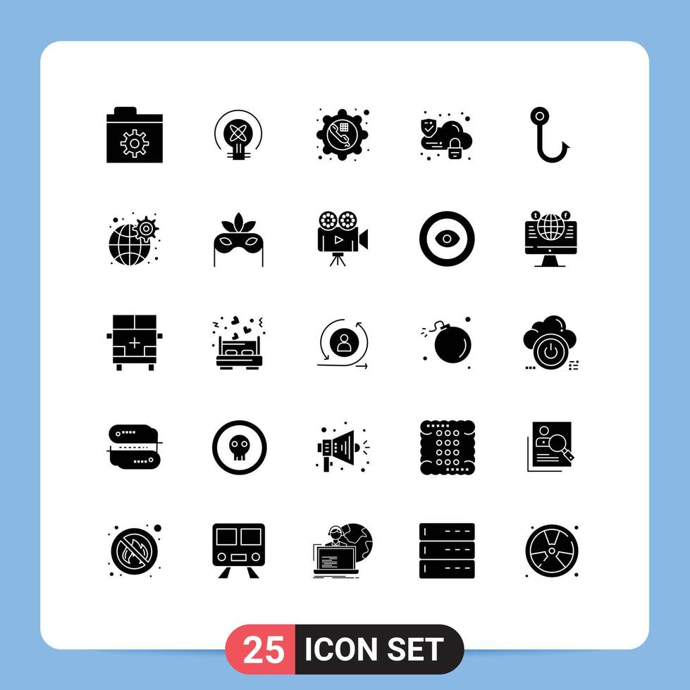 25 Universal Solid Glyphs Set for Web and Mobile Applications hook fish call security cloud Editable Vector Design Elements