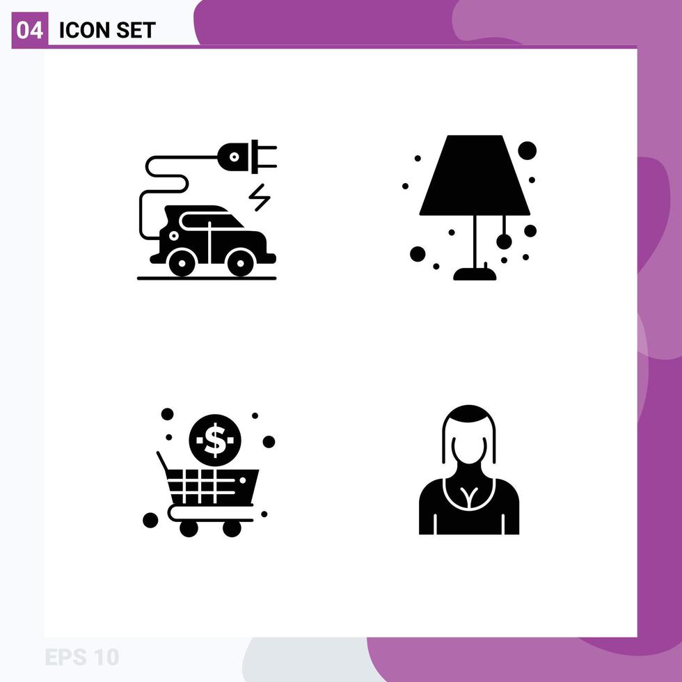 Mobile Interface Solid Glyph Set of 4 Pictograms of automotive technology shop floor lighting home actress Editable Vector Design Elements