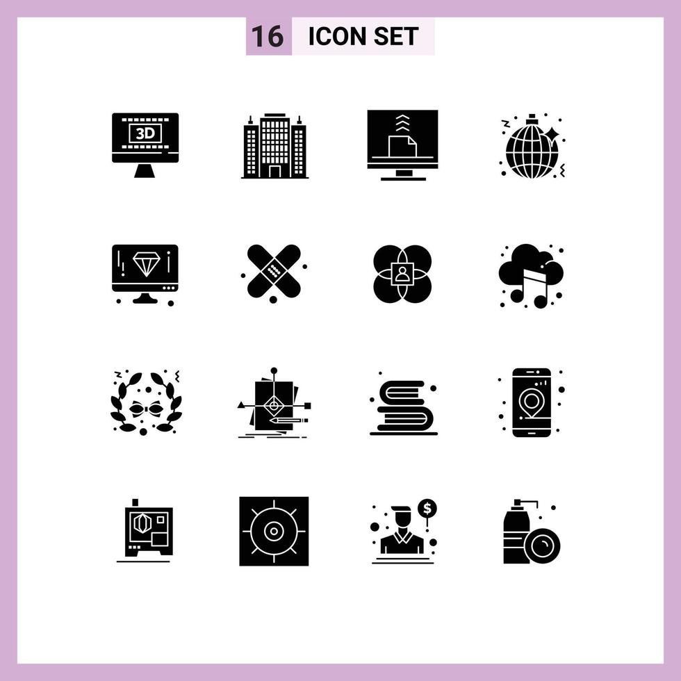 Mobile Interface Solid Glyph Set of 16 Pictograms of design night communication music email Editable Vector Design Elements