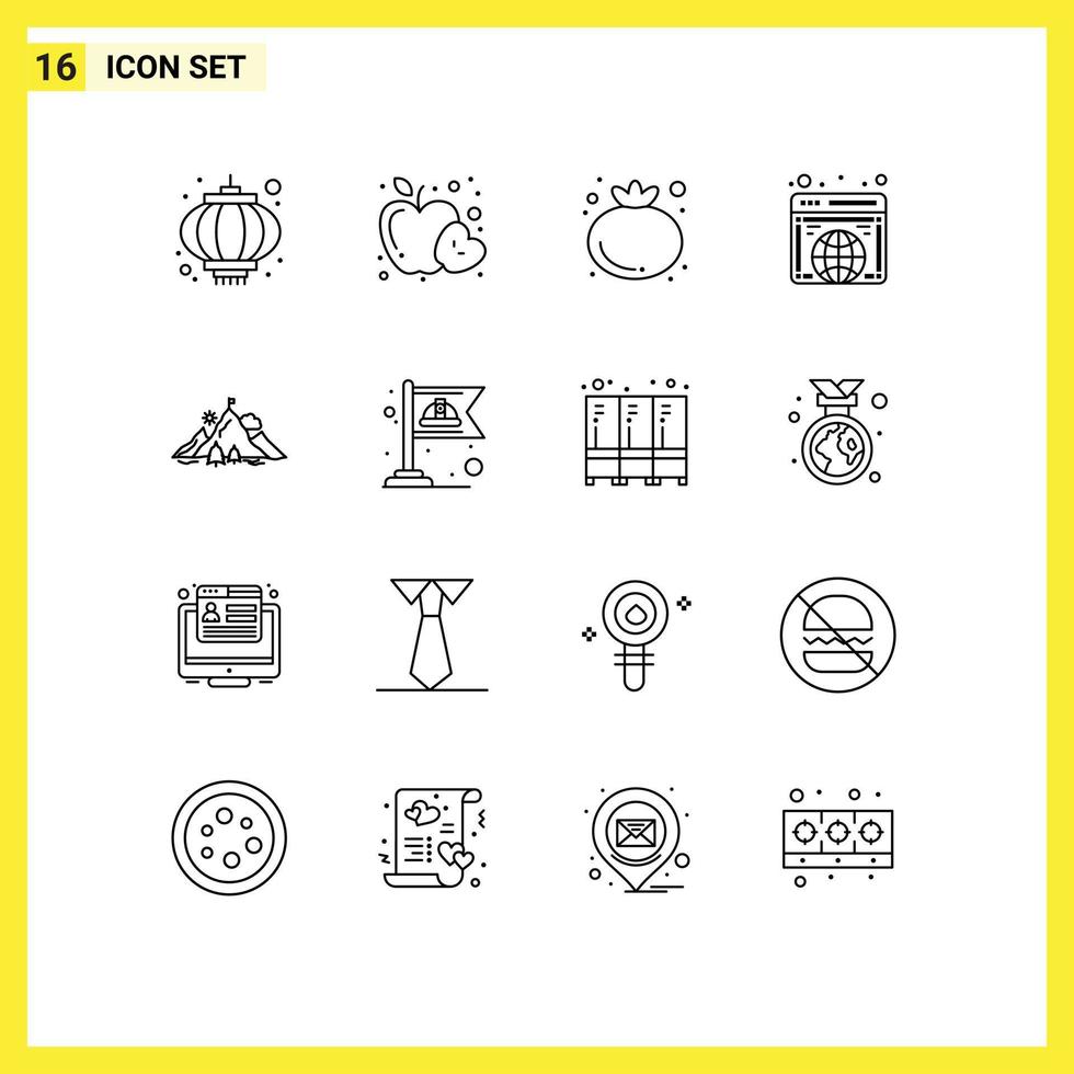 Editable Vector Line Pack of 16 Simple Outlines of mission achievement food website globe Editable Vector Design Elements