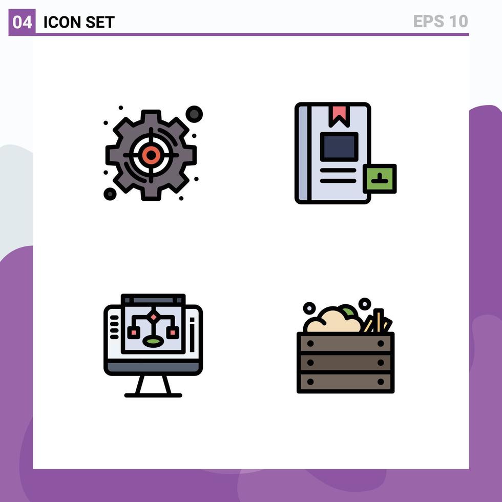 conjunto de colores planos de línea de relleno de interfaz móvil de 4 pictogramas de objetivos de aprendizaje estratégico e compartir elementos de diseño de vectores editables