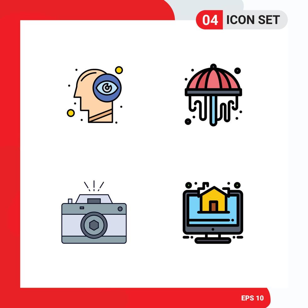 Group of 4 Modern Filledline Flat Colors Set for human capture eye view garden aperture Editable Vector Design Elements