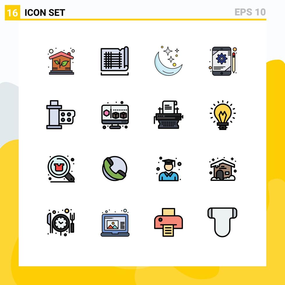 Editable Vector Line Pack of 16 Simple Flat Color Filled Lines of cinema gear moon configuration space Editable Creative Vector Design Elements