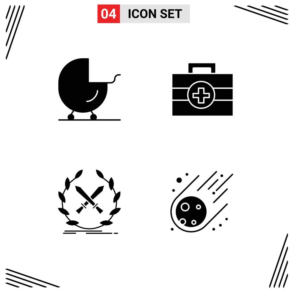 Mobile Interface Solid Glyph Set of 4 Pictograms of baby game pram medical swords Editable Vector Design Elements