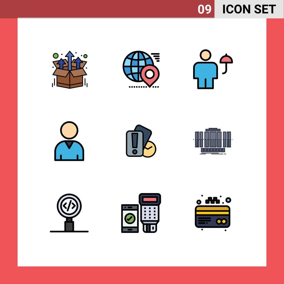 paquete de 9 signos y símbolos de colores planos de línea de llenado modernos para medios de impresión web, como la ubicación de recursos de mano, protección humana, elementos de diseño de vectores editables