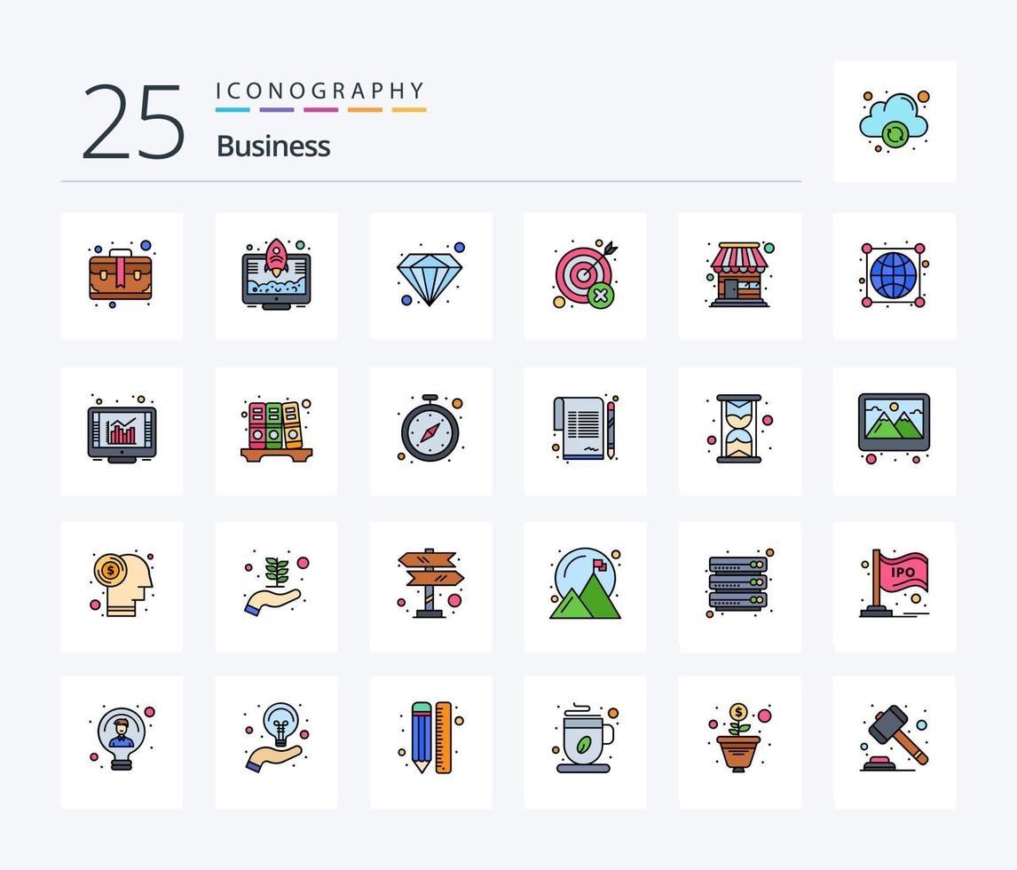 Business 25 Line Filled icon pack including shop. wrong. diamond. target. miss vector