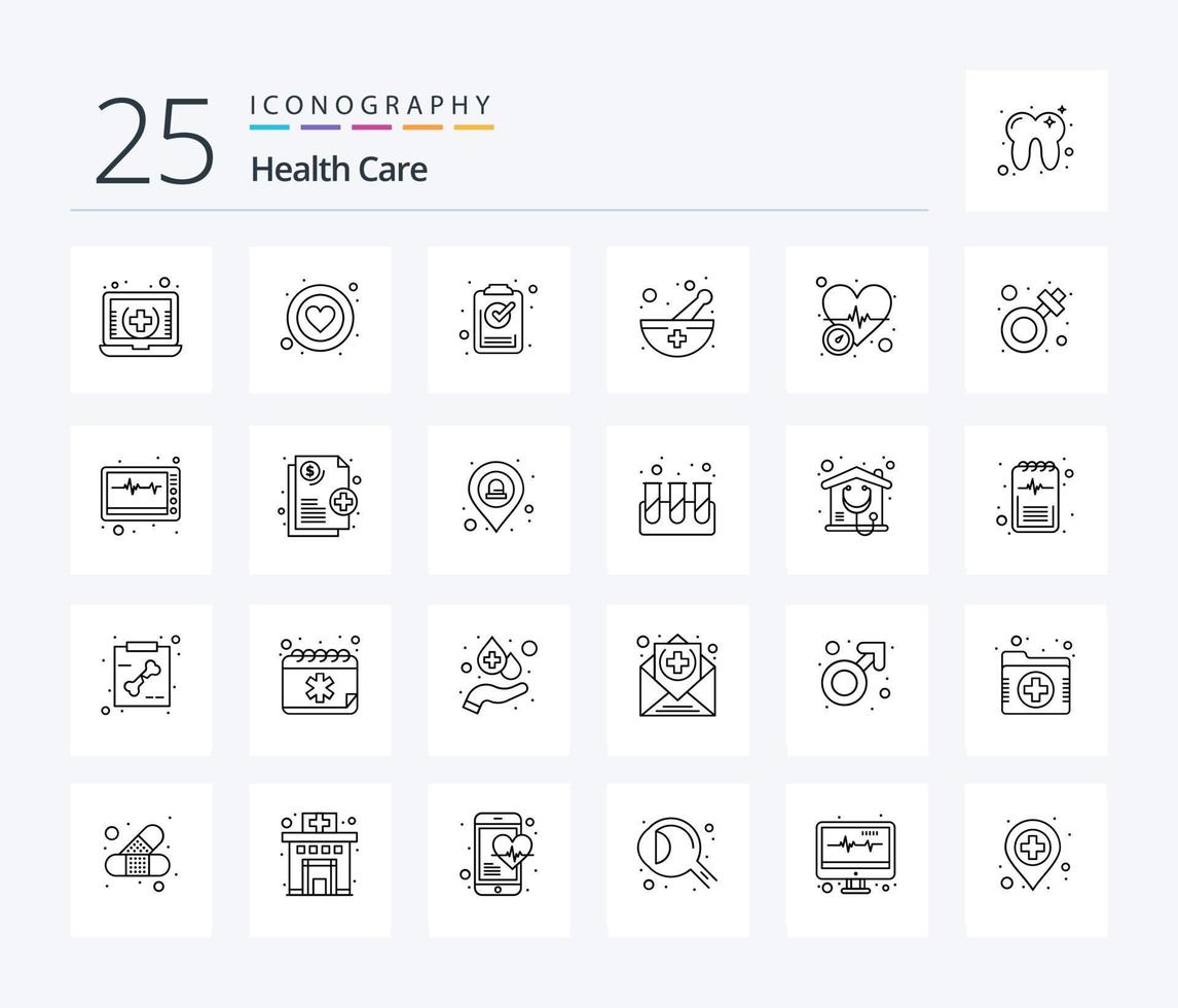 paquete de iconos de 25 líneas de cuidado de la salud que incluye medición. farmacia. descarga. tazón de medicina mespital vector