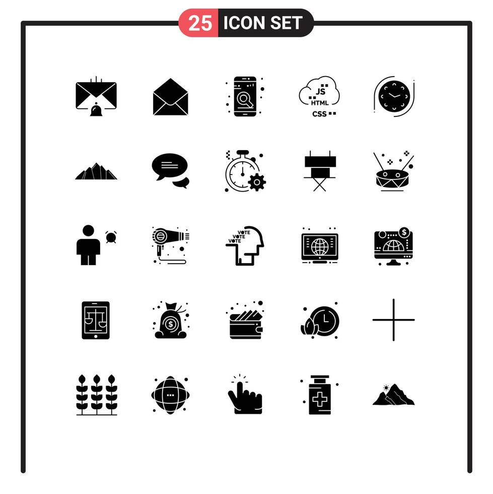 Group of 25 Modern Solid Glyphs Set for development coding message code search Editable Vector Design Elements