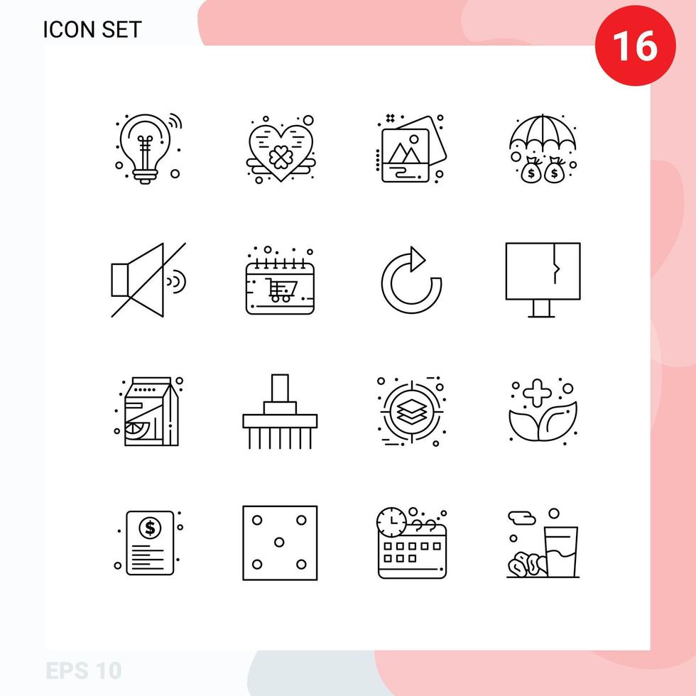 Editable Vector Line Pack of 16 Simple Outlines of volume mute photo protection money Editable Vector Design Elements